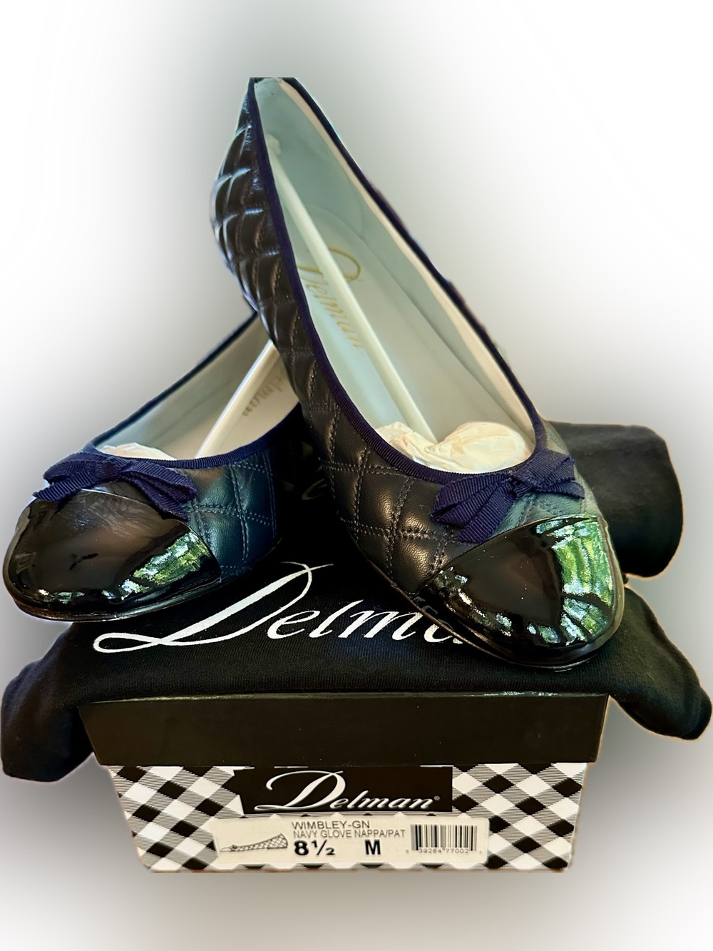 Delman Wimbley Navy Quilted Ballet Flats with Patent Cap Toe